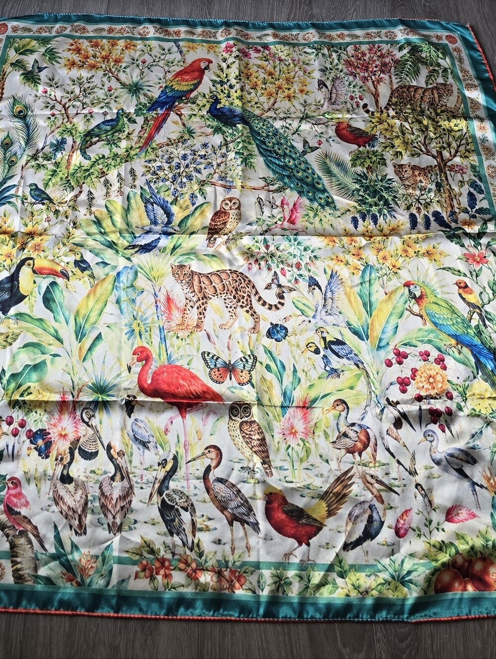 Tropical Bird Jungle Print Square Scarf 34" Silky Satin Teal Border Head Neck